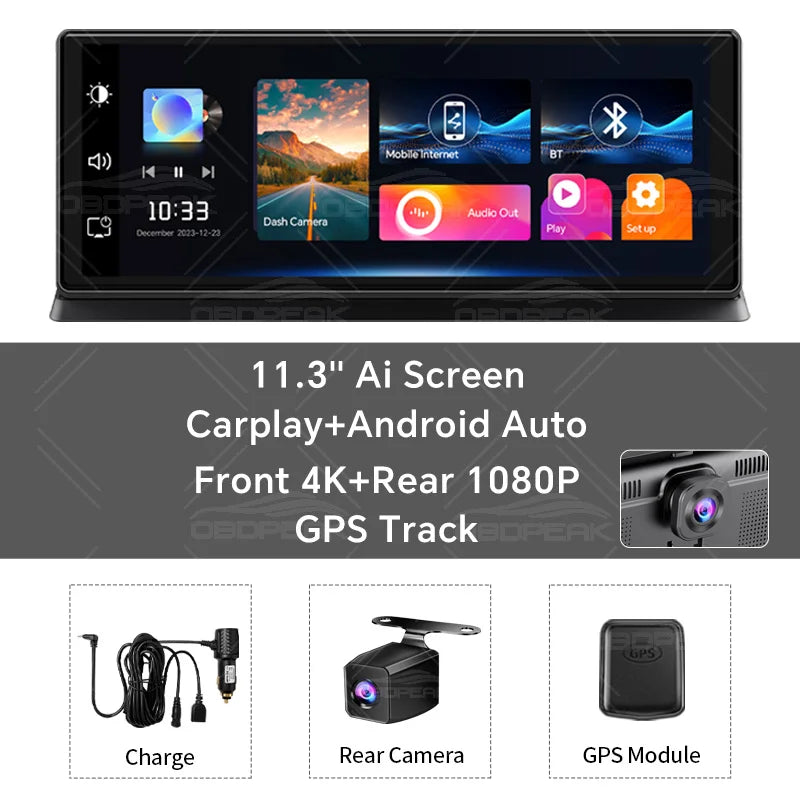 Caméra DVR de voiture 4K avec CarPlay sans fil et Android Auto