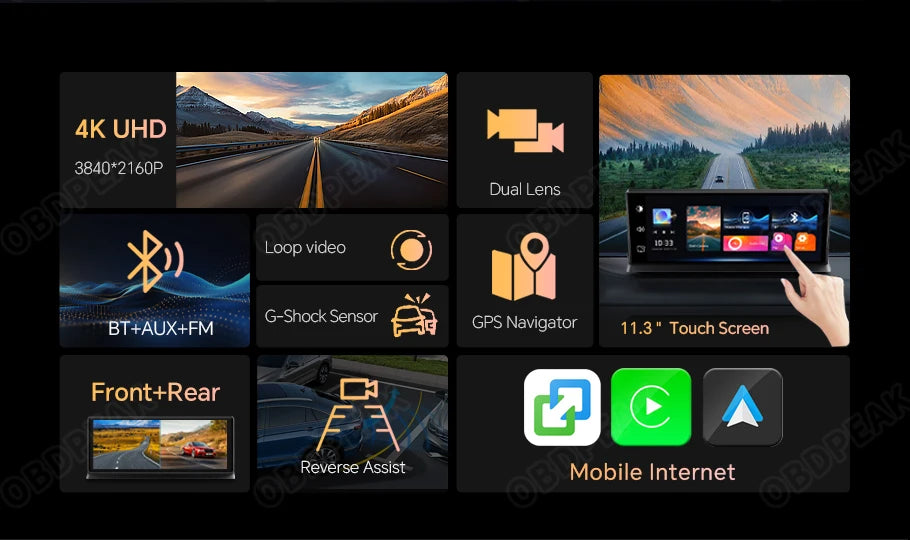 Caméra DVR de voiture 4K avec CarPlay sans fil et Android Auto