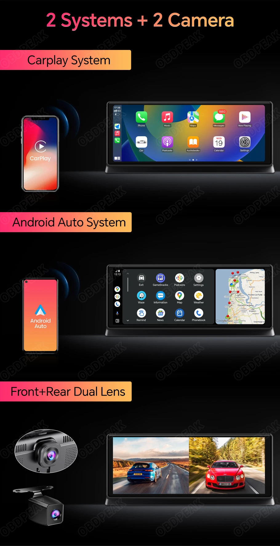 Caméra DVR de voiture 4K avec CarPlay sans fil et Android Auto